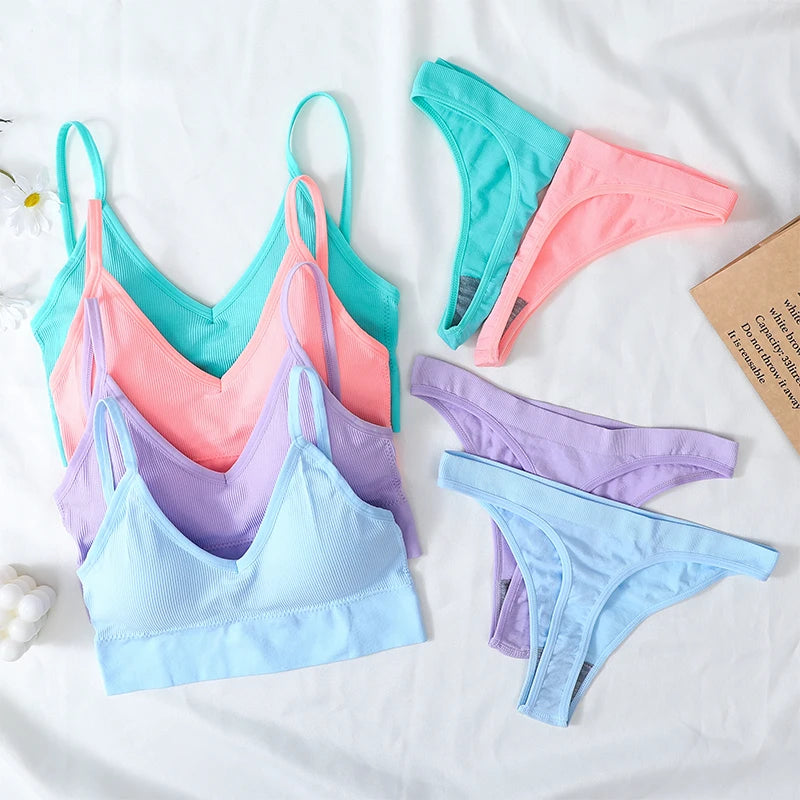 Women Sports Bra And Panties Set Seamless Bra U-Back Crop Top High Rise G-String Panties Thongs Underwear Sexy Lingerie Set