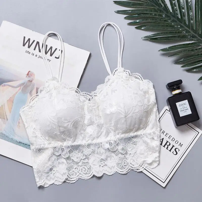 Women's Embroidery Lace Strap Vest Bralette Sexy Back Design No Wireless Push-up Detachable Breast Pads Included