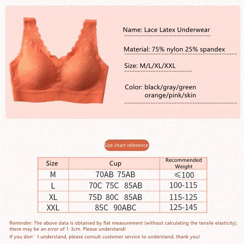 Thailand Latex Wireless Lace Bra – Push-Up, Seamless, Removable Pads, Beautiful Back Design for Daily Wear & Sleep