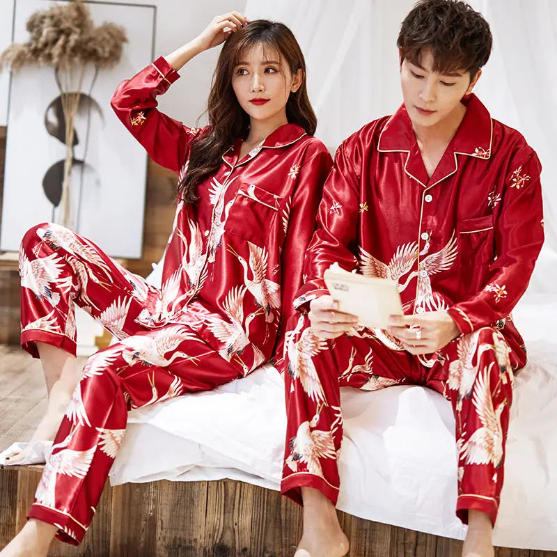 Lovers Print Dot Pajamas Set Couples Satin Pijamas Sleepwear Men&Women Causal Pyjamas Nightwear Plus Size 3XL 4XL Home Longewear