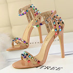 BIGTREE Shoes Color Rivets Women Sandals Roman Style Heeled Sandals Hollow Out High Heels Stiletto Sexy Party Shoes Sandals