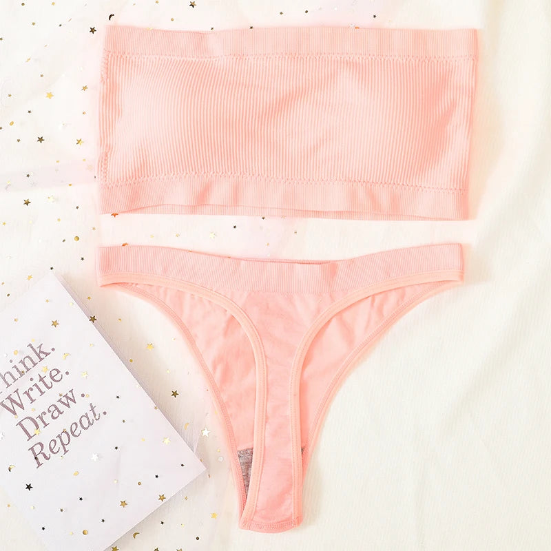 Women Strapless Bra And Panties Set Bandeau Bra High Waist Thong Seamless Underwear Sexy Tube Bra Female Sexy Lingerie Set M-XL