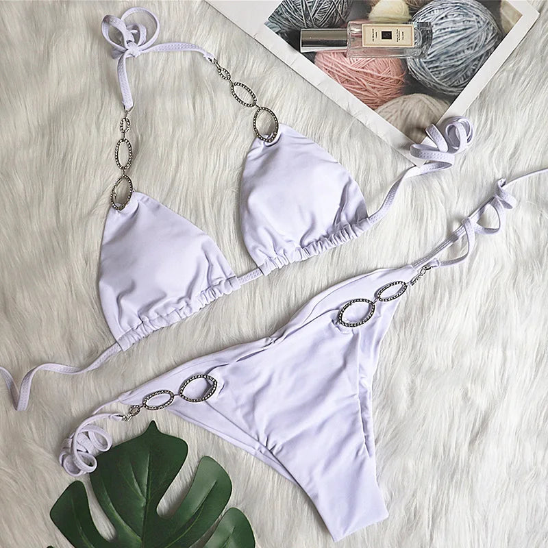 Sexy Halter Diamond Bikini Women Swimsuit Female Metal Chains Swimwear Two Pieces Bikini set Brazilian Bather Bathing Suit Swim