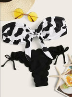 Beach Bikini 2025 Woman Sexy Front Lace Up Tie Bandeau Leopard Swimsuit Female Push Up Ruffled Bow Bathing Suit Thong Swimwear