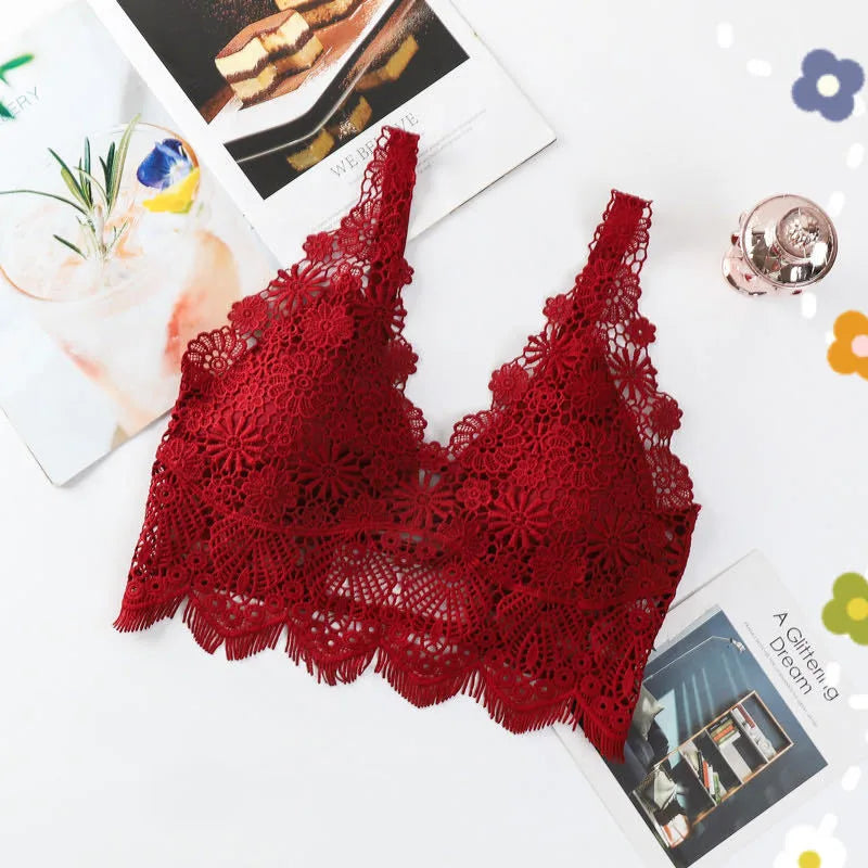 Deep V Lace Bra Tops Wire Free Brassieres Women Underwear Sexy Lingerie Beauty Back Bralette Bras for Women Removable Pads Top