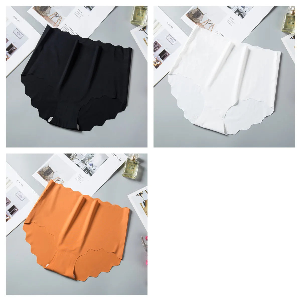 3Pcs/Set Women Ice Silk Panties Wavy Trim Seamless Underwear High Waist Panty No Show Briefs Invisible Ladies Lingerie M-XXL