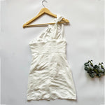 Foridol One Shoulder White Cotton Ruched Short Summer Dress Bowknot Beach Sundress Women Sleeveless Solid Dress