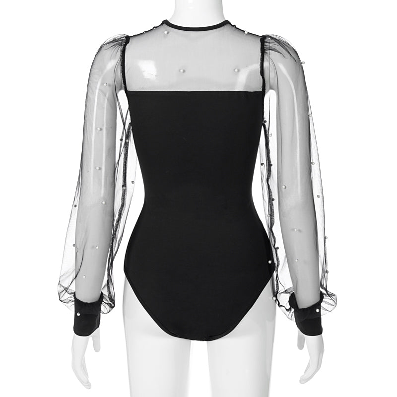 Women Pearl Mesh Puff Sleeve Bodysuit 2024 Fashion Long Sleeve Vintage Body Top Summer Fall Elegant Sexy Blouse Shirts Female