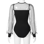 Women Pearl Mesh Puff Sleeve Bodysuit 2024 Fashion Long Sleeve Vintage Body Top Summer Fall Elegant Sexy Blouse Shirts Female