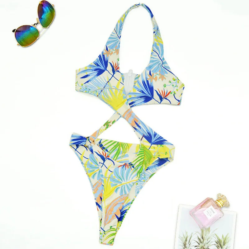 2025 Sexy High Cut Out Halter Female Swimwear One Piece Swimsuit Women Cross Bandage Monokini Bather Bathing Suit Swim Bodysuit