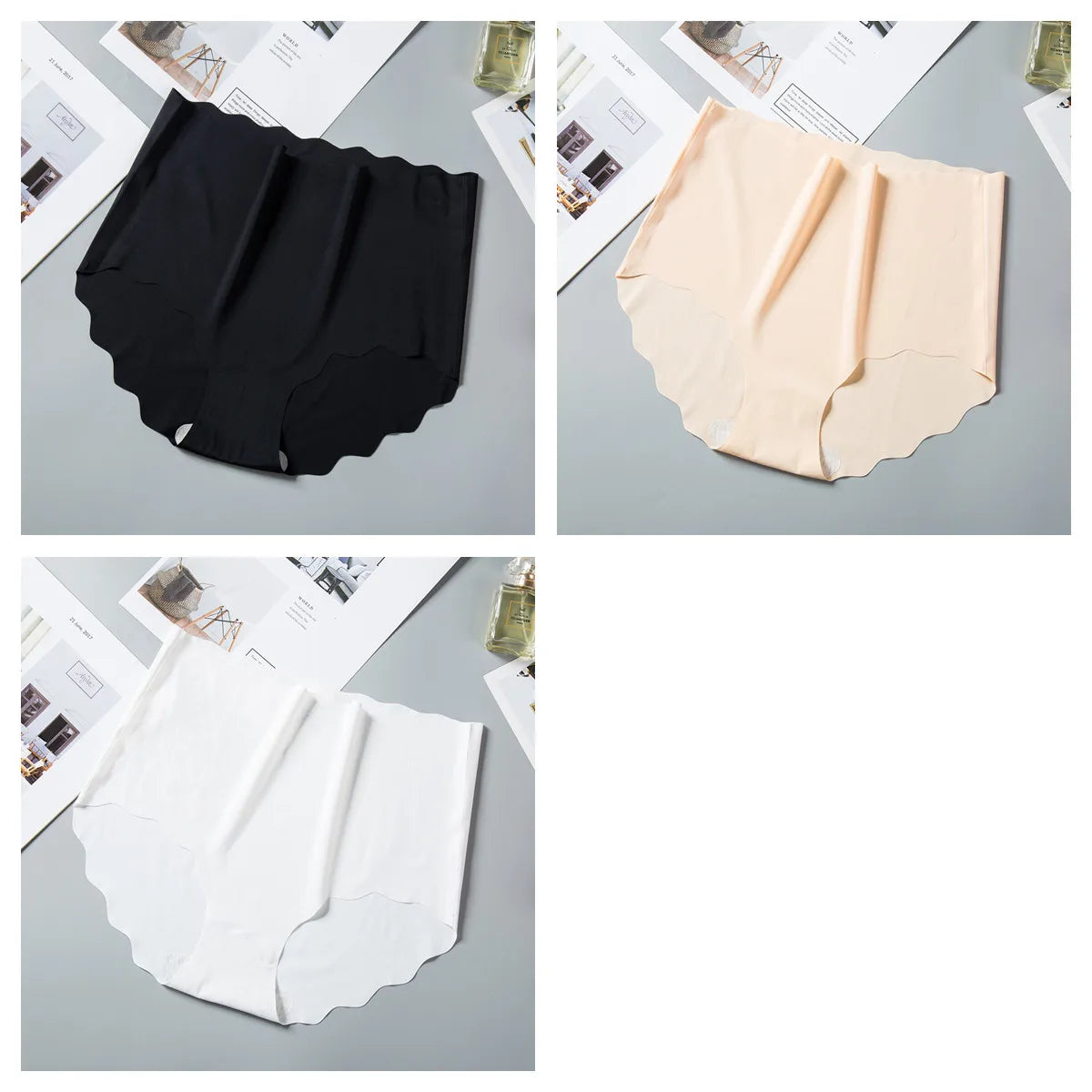 3Pcs/Set Women Ice Silk Panties Wavy Trim Seamless Underwear High Waist Panty No Show Briefs Invisible Ladies Lingerie M-XXL