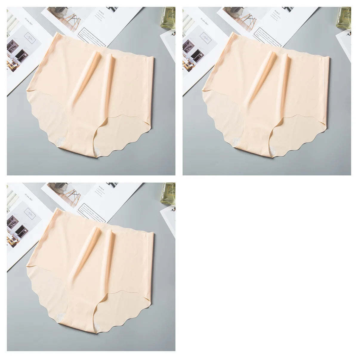 3Pcs/Set Women Ice Silk Panties Wavy Trim Seamless Underwear High Waist Panty No Show Briefs Invisible Ladies Lingerie M-XXL