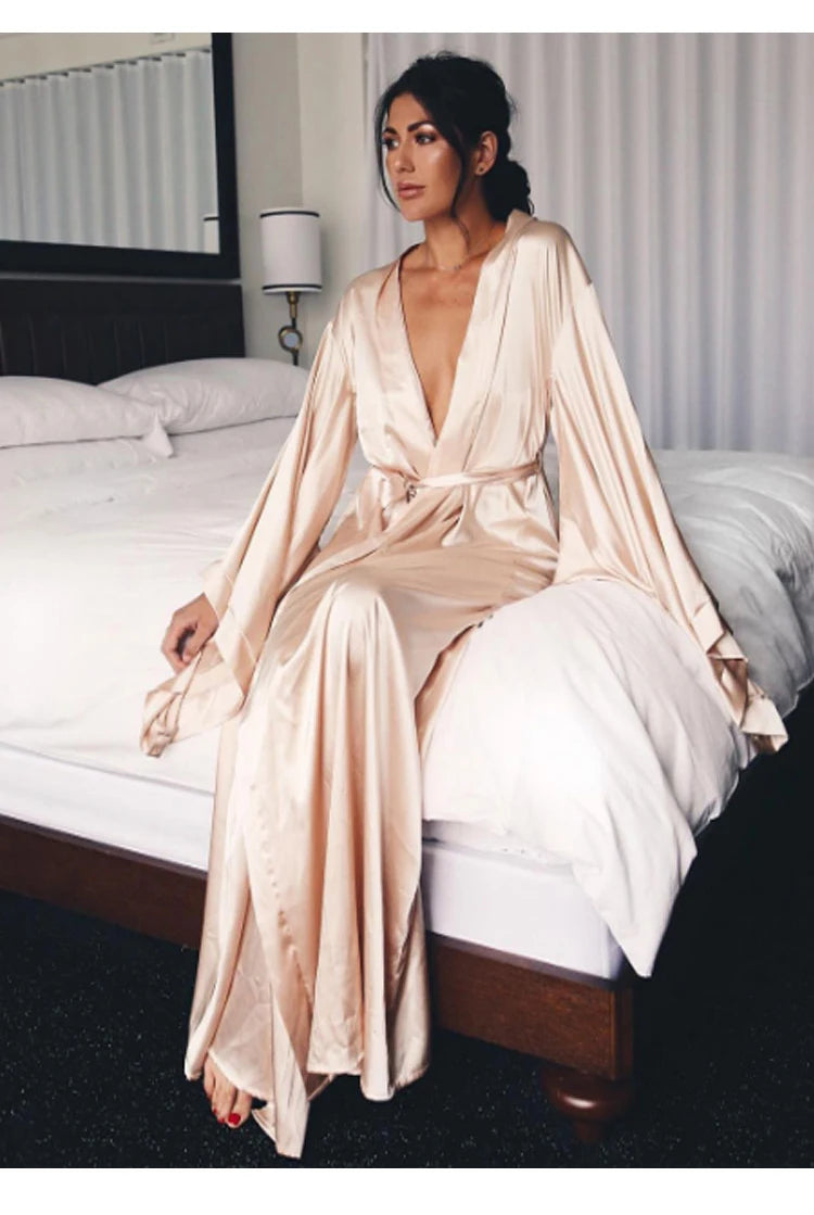 Summer Long Maxi Party Dress 2021 VONDA Sexy V Neck Long Sleeve Solid Dresses Bohemian Vestidos Femme Satin Slik Sundress