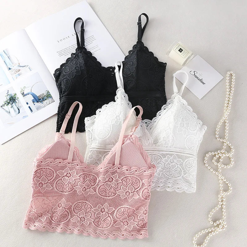 Women Full Floral Lace V-Neck Bralette One Size Scalloped Lace Wireless Camisole Bra Detachable Adjustable Thin Straps Lingerie