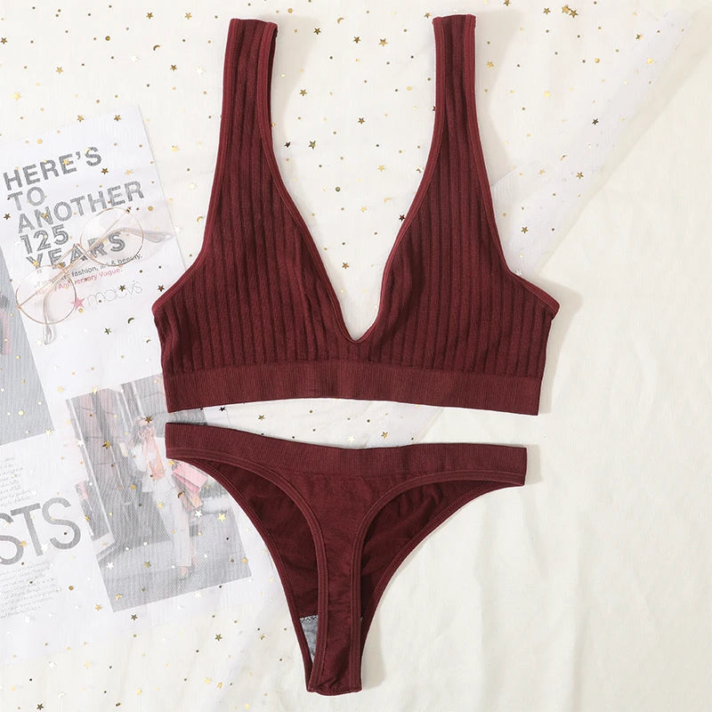 Women Seamless Bra And Panties Set Sexy Ribbed Bra Top Low Waist Thongs Wire-free Brassiere No Pads Comfort Intimates M-XL