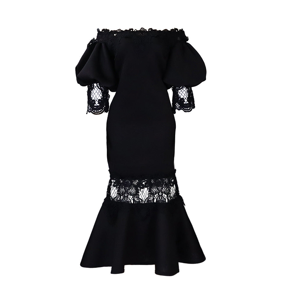 D368 cross-border women's fashion temperament lace off-the-shoulder fishtail party sexy party dress foreign trade dress