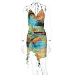 Women Clothing Summer Printing Sexy Backless Lace up Dress