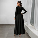 Retro Deep V Plunge neck Long Sleeve Split Black Large Swing Dress Women Slim Waist Elegant Formal Dress
