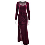 Women Clothing Sexy Slit Square Collar Dress Fashionable Elegant Velvet Pleated Dress