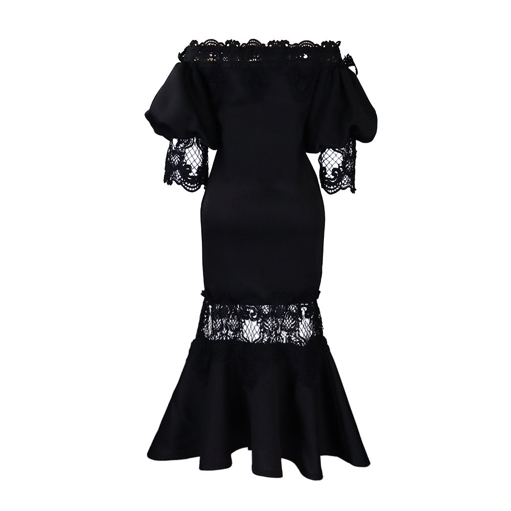 D368 cross-border women's fashion temperament lace off-the-shoulder fishtail party sexy party dress foreign trade dress