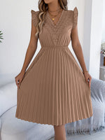 Women Clothing Spring Summer Casual Lace V neck Wooden Ear Cinched Pleated Dress