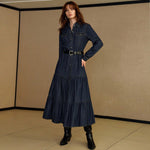Women Clothing Denim Long Sleeve Breasted Waist Dress（Without Belt）