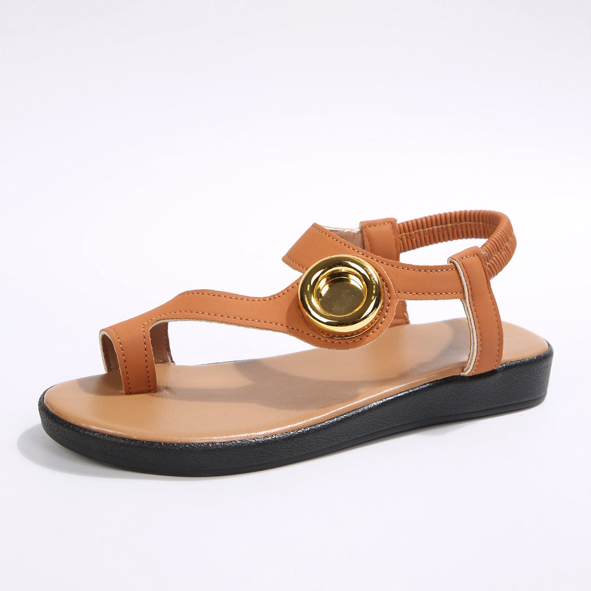 Toe Covering Metal Buckle Flat Sandals Women Elastic Band Casual Open Toe Beach Slippers