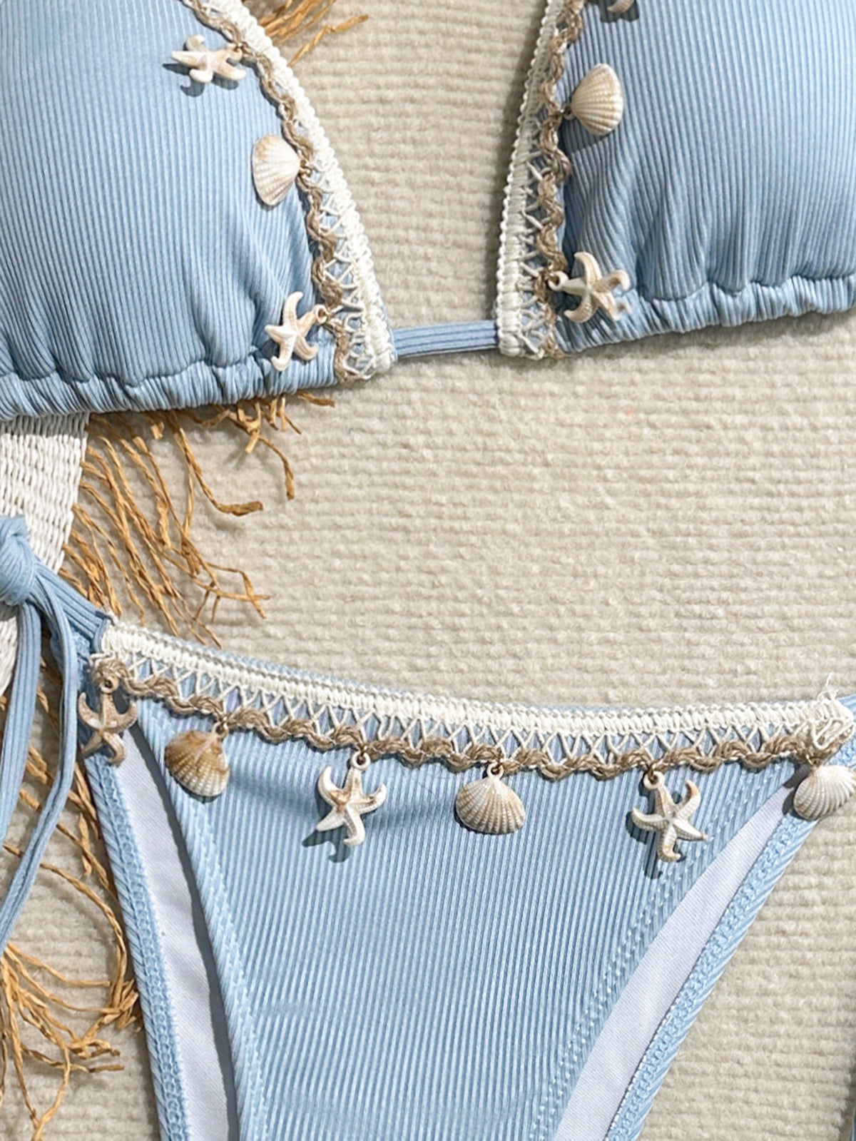 Shell Decoration Ribbed Bikini Women Swimwear Female Swimsuit Two-pieces Bikini Set Halter Strappy Bather Bathing Suit Swim Lady
