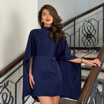 Niche Irregular Asymmetric Turtleneck Long Sleeve Waist Trimming Short Dress Women Spring Summer
