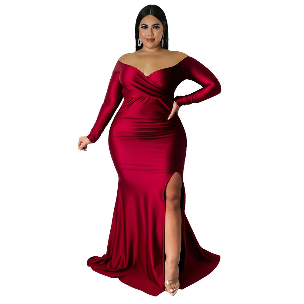 Plus Size Women Clothes Sexy Dress Nightclub V neck Formal Dress Solid Color Split Maxi Dress Autumn Winter Women