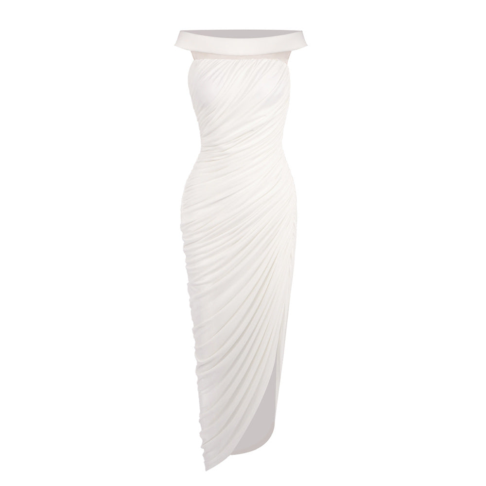 Sexy off the Shoulder Side Slit Draping Effect Pleated Slim Fit Dinner Birthday Party Dress