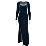 Women Clothing Sexy Slit Square Collar Dress Fashionable Elegant Velvet Pleated Dress