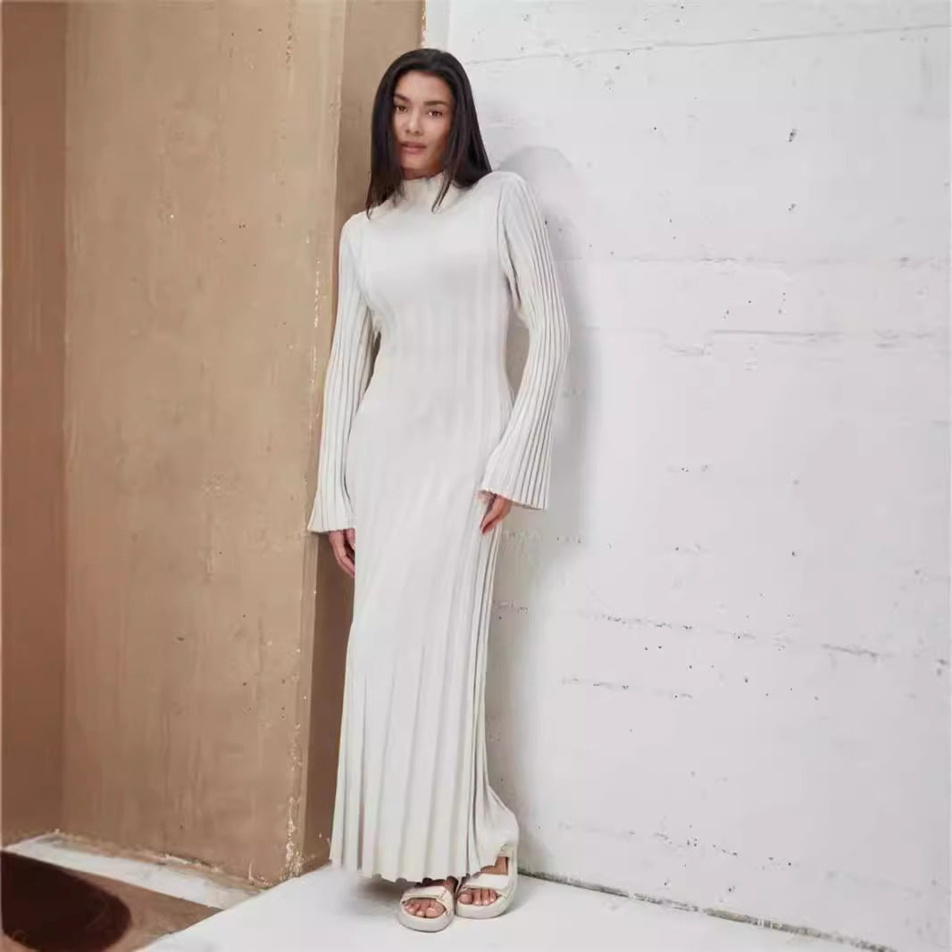 Autumn Winter Knitted Dress Casual Waist Tight round Neck Large Pit High Collar Slimming Knitted Maxi Dress for Women