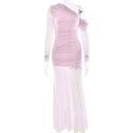 Women Dress Mesh Stitching Pleated Solid Color Long Sleeve Slim Fit Maxi Dress