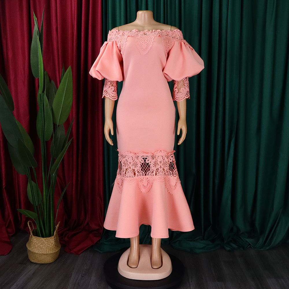 D368 cross-border women's fashion temperament lace off-the-shoulder fishtail party sexy party dress foreign trade dress