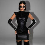 Women Clothing Street Hipster Faux Leather Stand Collar Sleeveless Oversleeve Sheath Pleated Dress