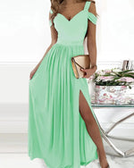 Women Clothing Maxi Dress Printed V neck Elegance Sleeveless Sexy Slit Dress