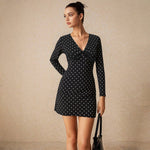 French Vintage Floral Dress Women Niche Design V neck Lace up Short Black Polka Dot Dress
