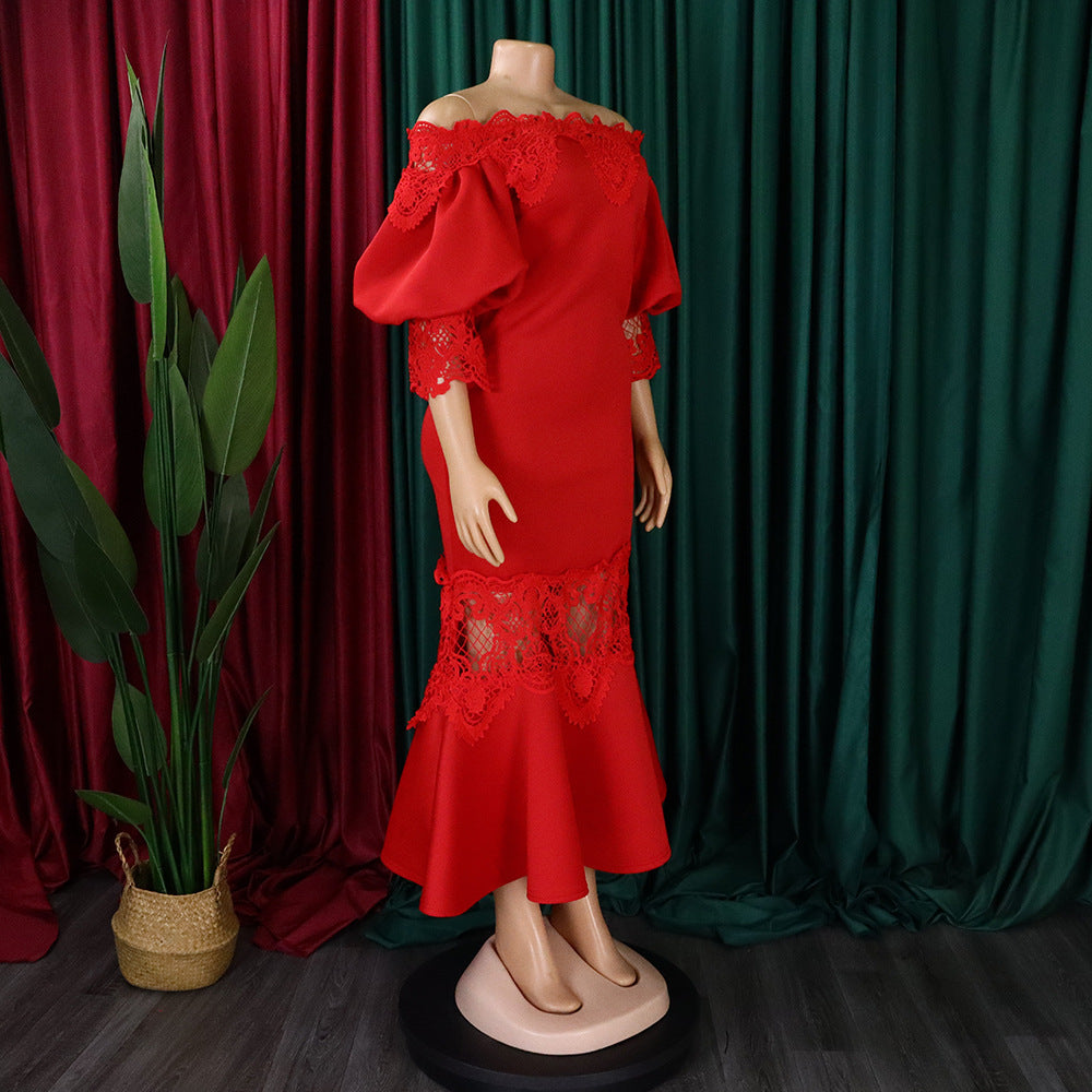 D368 cross-border women's fashion temperament lace off-the-shoulder fishtail party sexy party dress foreign trade dress
