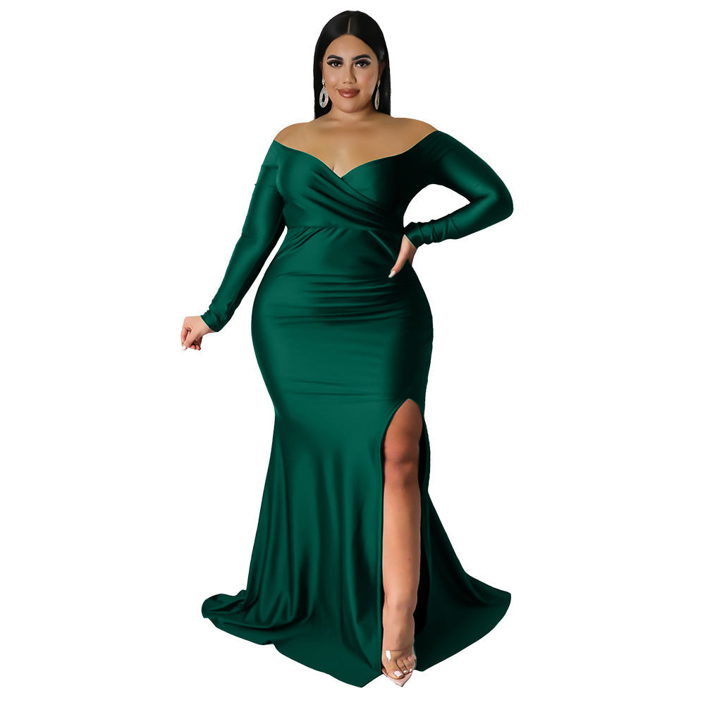 Plus Size Women Clothes Sexy Dress Nightclub V neck Formal Dress Solid Color Split Maxi Dress Autumn Winter Women