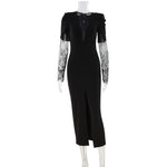 Autumn Winter Elegant V Shaped Lace Stitching Expensive Slim Fit Slit Dress Women