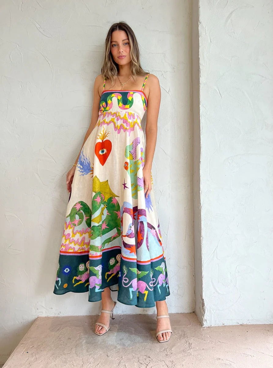 Dress Women Clothing Spaghetti Strap Floral Print Linen 9 Color Large Swing Dress