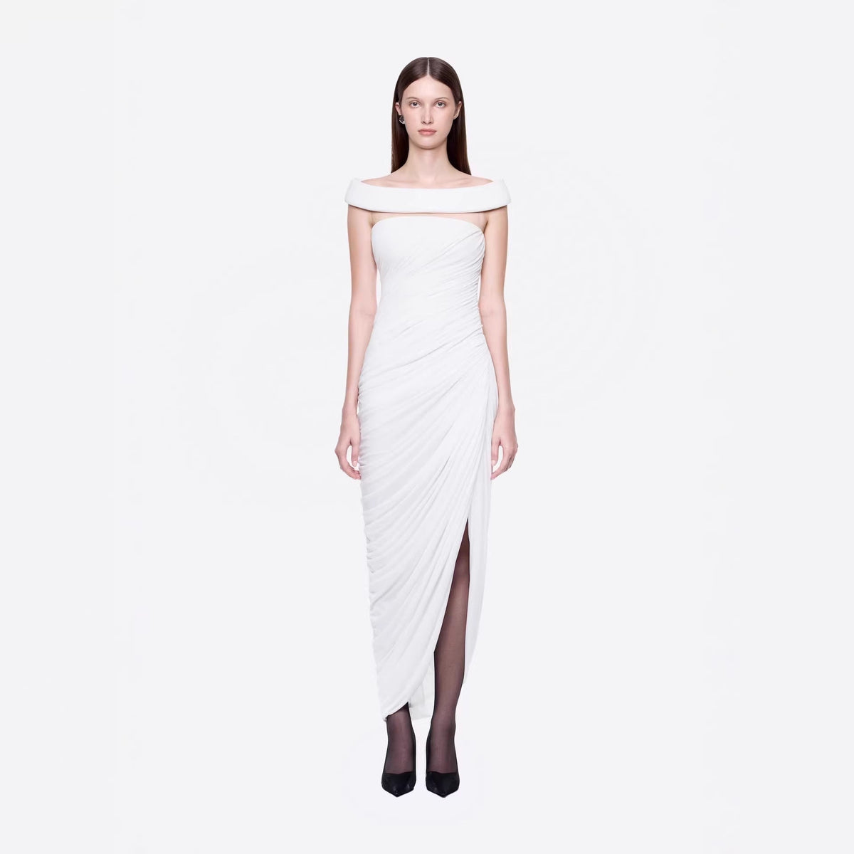 Sexy off the Shoulder Side Slit Draping Effect Pleated Slim Fit Dinner Birthday Party Dress