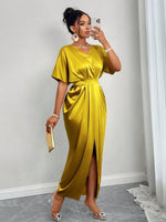 Women Clothing Early Autumn Satin Dress Ball Gown Satin Waist Tight Maxi Dress