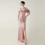 Bead Tube Sequin Heavy Industry Evening Dress Short Sleeve off the Shoulder Deep V Plunge High Slit Fishtail Dress Cocktail Socialite