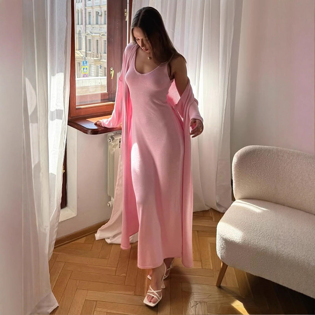 Women Knitted Long Sleeve Cardigan Sling Dress Set Autumn Soft Blouse