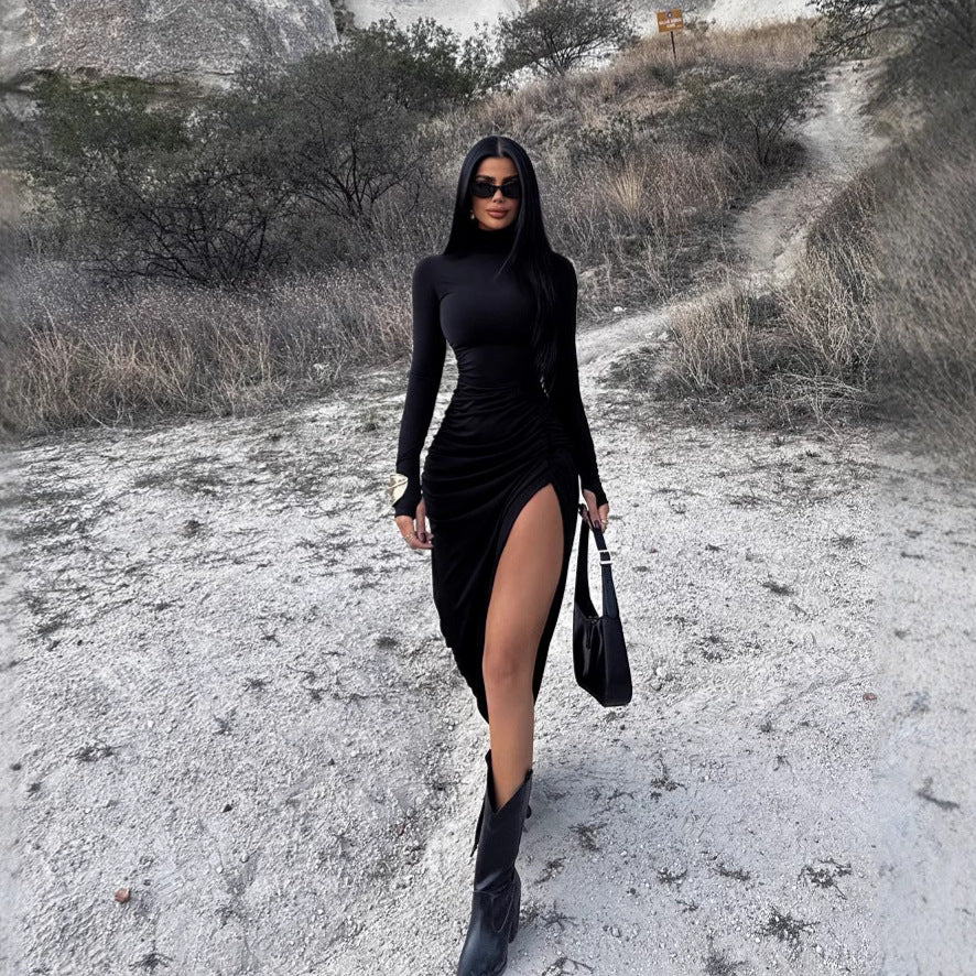 Autumn Stand Collar Long Sleeve Pleated Sexy Slit Hip Bag Dress Women