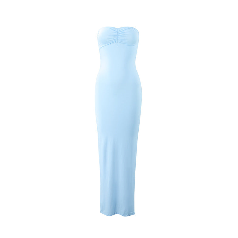 Women lothing Summer Sexy Wrapped Chest Slim Side Slit Long Solid Color Dress