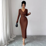 Cross Collar Knitted Texture Solid Color Slim Slimming Dress Women Winter