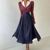 Contrast Color Design Collared Long Sleeve A line Women Waist Controlled Printed Large Swing Dress